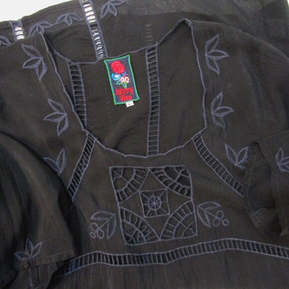 Eyelet Embroidery Shift Dress Arts Craft Black Rayon - Picture 8 of 10